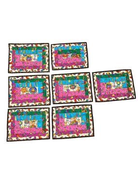 Vintage Christmas Laurel Burch Christmas Cats And Birds Quilted Placemats -7